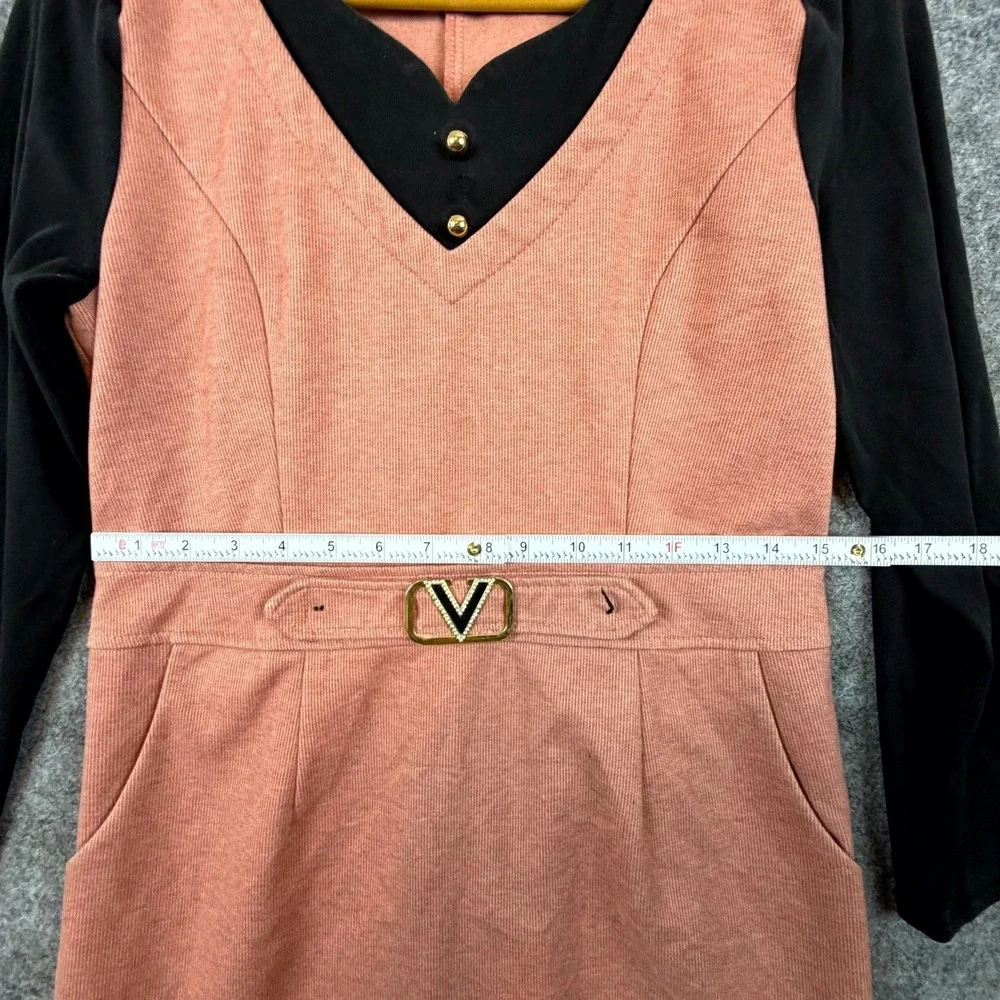 Vintage BL Fashion Sheath Dress Womens Dusty Rose Black Gold Buckle Rhinestone V
